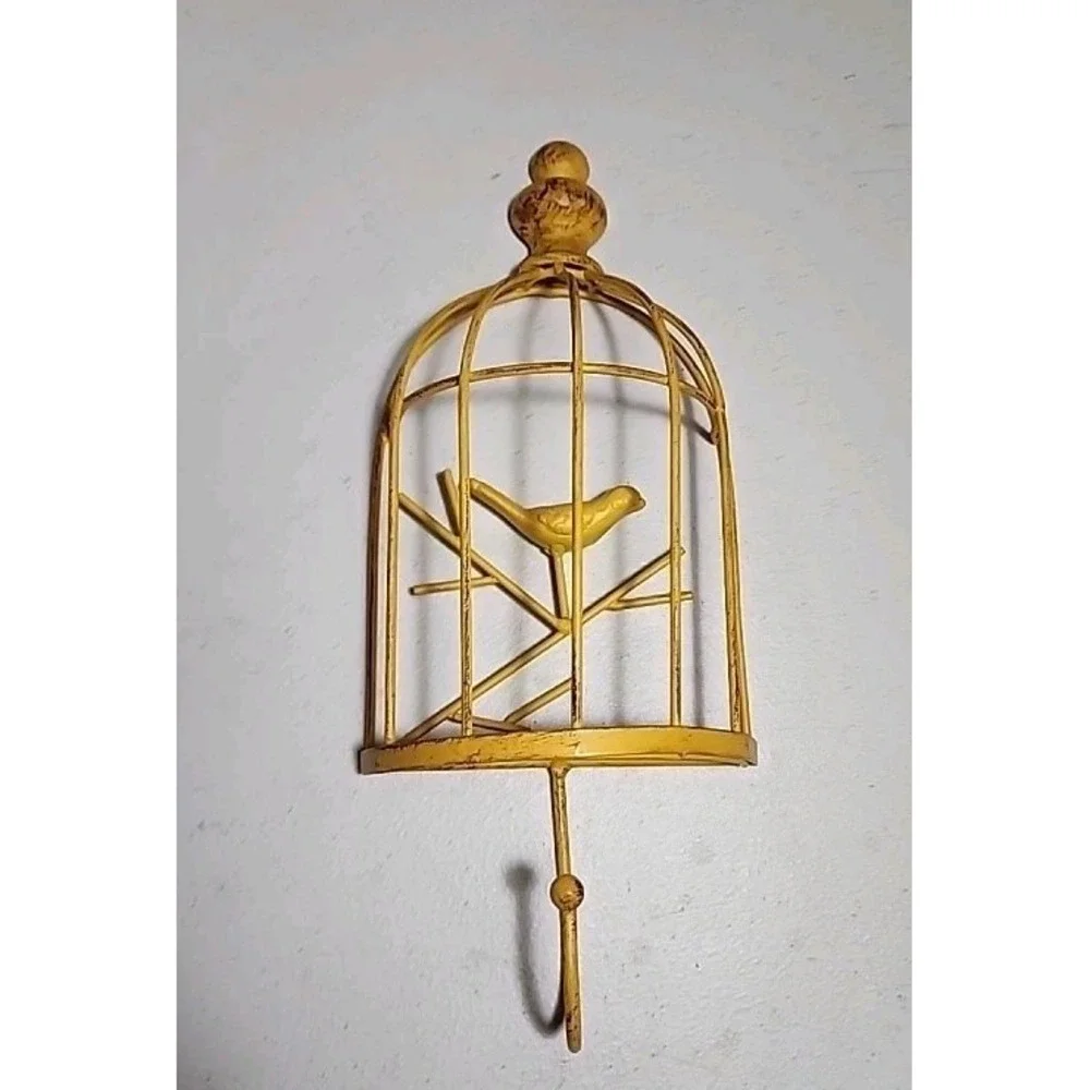 Birdcage Wall Hook Decor Towel Holder Farmhouse Painted Distressed Metal Bird
